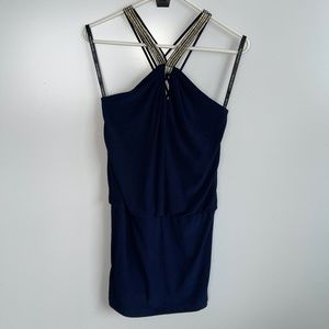 bisou bisou michele bohbot navy evening dress with gold metallic‎ straps Sz 4